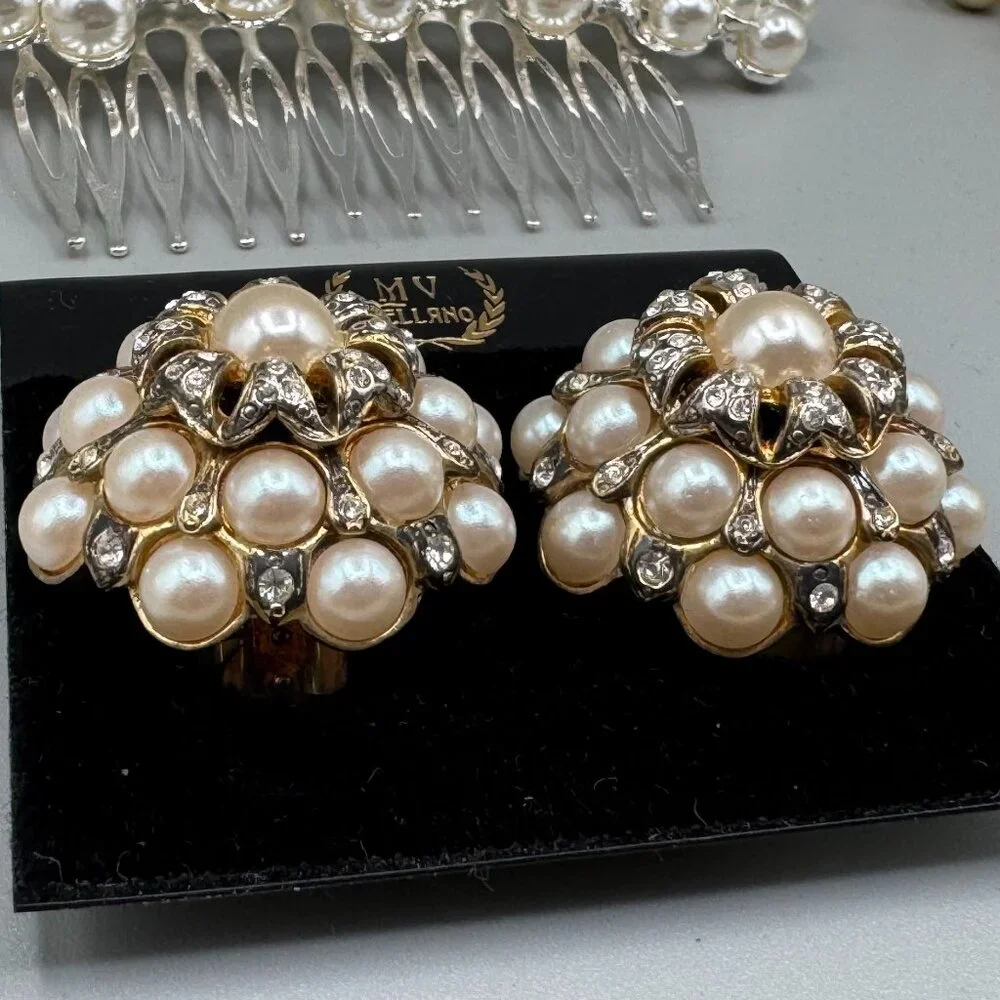 VintageFaux Pearl Lot, Pearl Studded Hair Comb, Necklace, M Vellano Earrings NWT - Picture 3 of 12